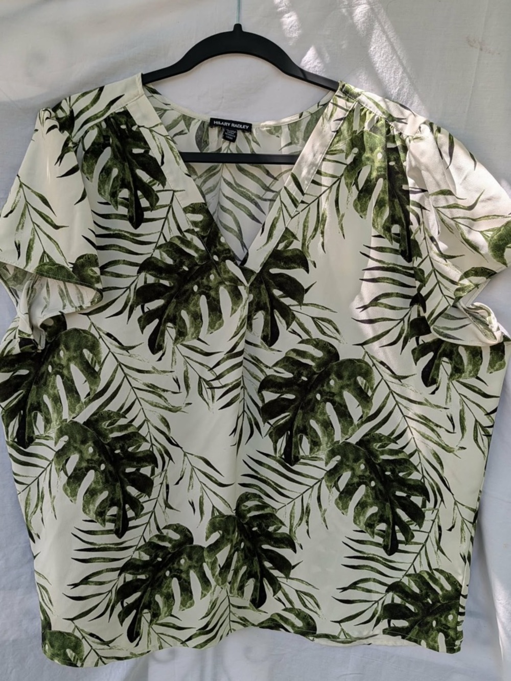 Hilary Radley Cream Blouse with Green Leaf Print